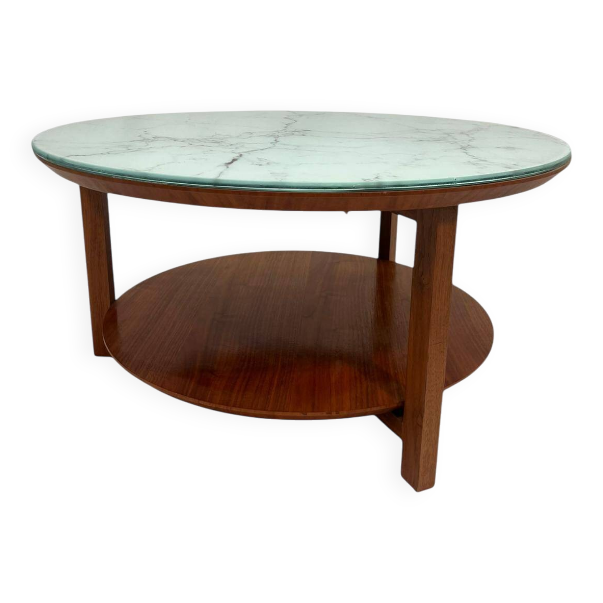 Vintage Scandinavian round coffee table in teak with removable glass top featuring a marble effect, 1960s.