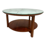 Vintage Scandinavian round coffee table in teak with removable glass top featuring a marble effect, 1960s.