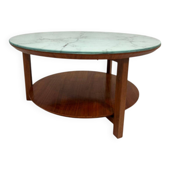 Vintage Scandinavian round coffee table in teak with removable glass top featuring a marble effect, 1960s.