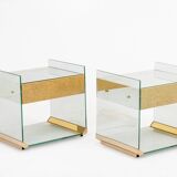 Pair of bedside tables or sofa ends in brass, glass and mirror. 1970s.