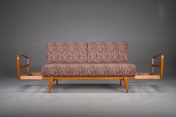 Lit de jour vintage en cerisier et laine de Knoll Antimott, années 1950-1960.