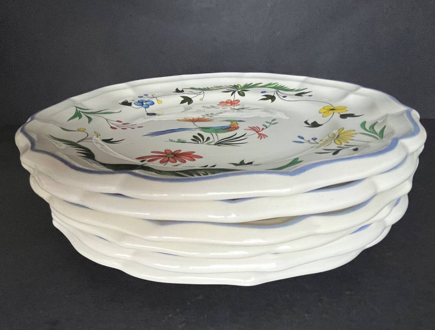 Suite de 6 assiettes plates GIEN oiseaux de paradis