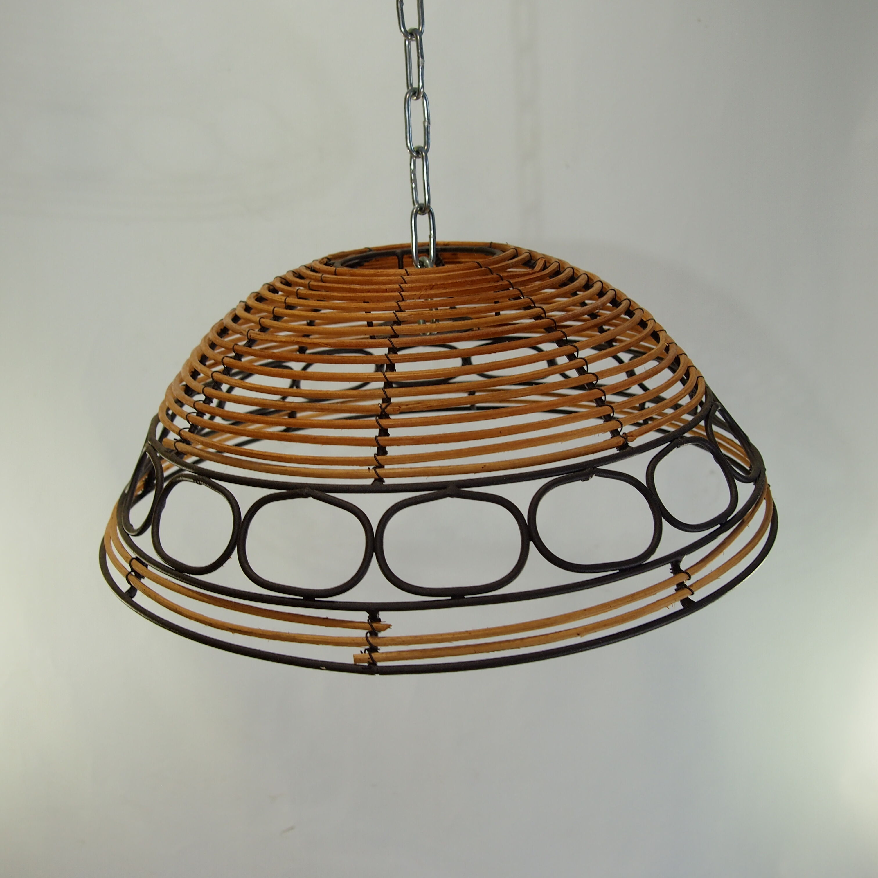 Rattan and wrought iron hanging lamp