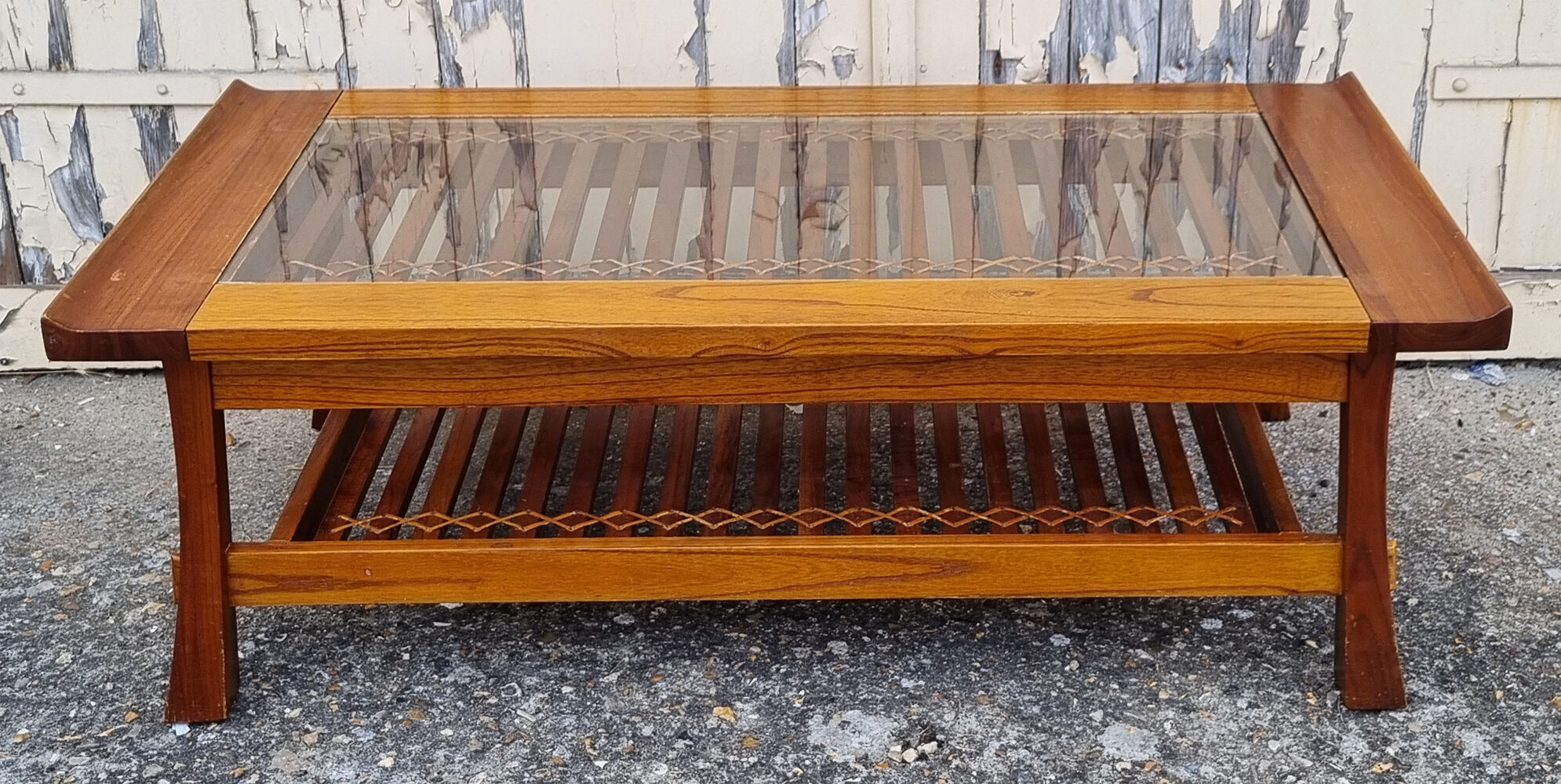 Coffee table, exotic wood, glass and rattan, vintage