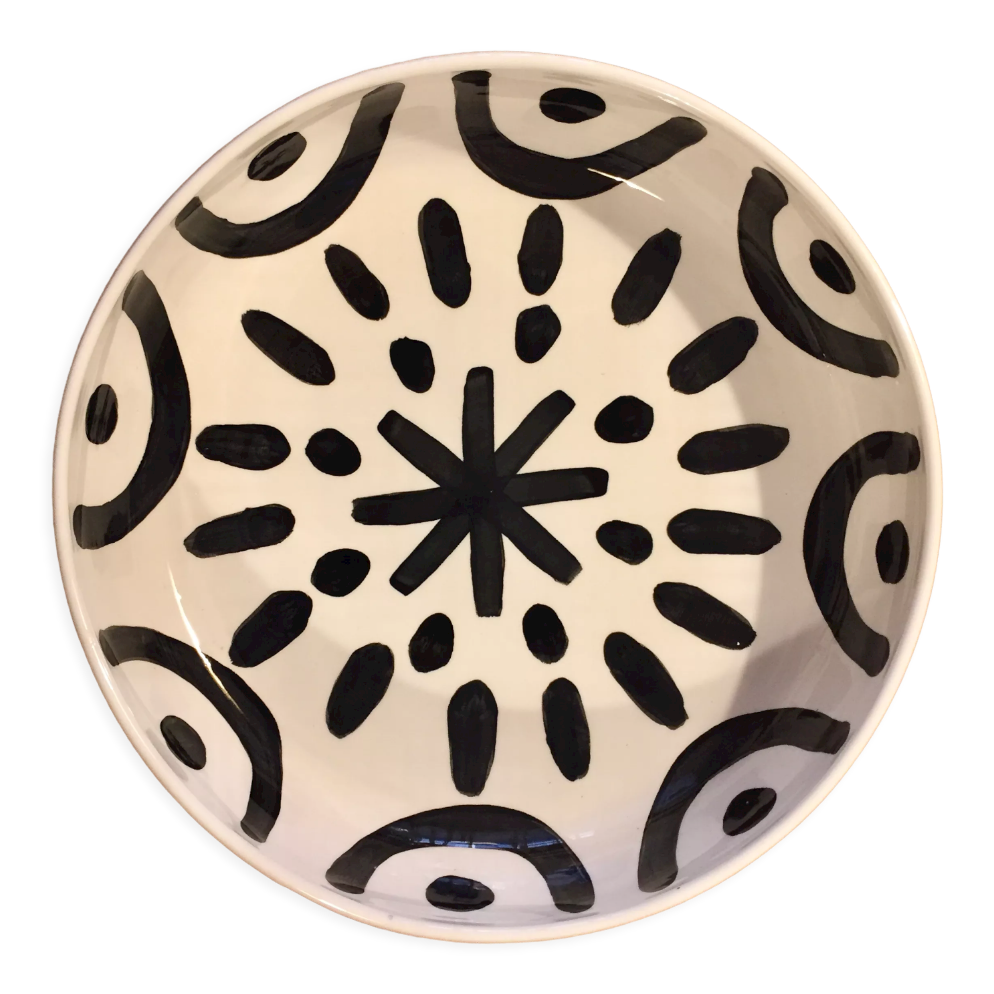 Large ceramic salad bowl painted by hand black and white