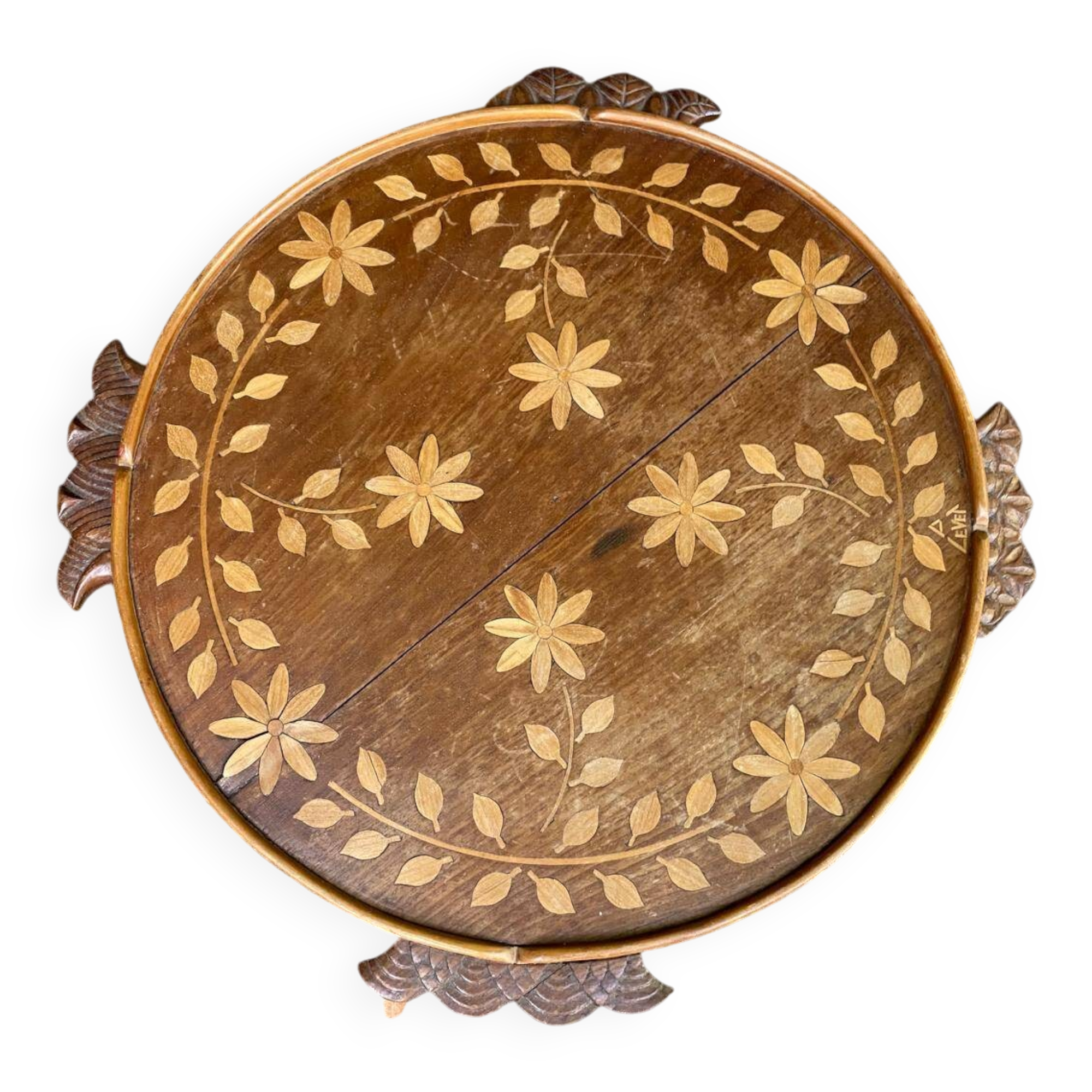 Vintage round art deco breakfast tray in solid wood 1950