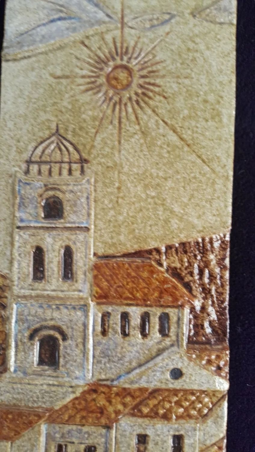 Old terracotta plate painted enamelled Signed relief decoration Provence 58x12cm