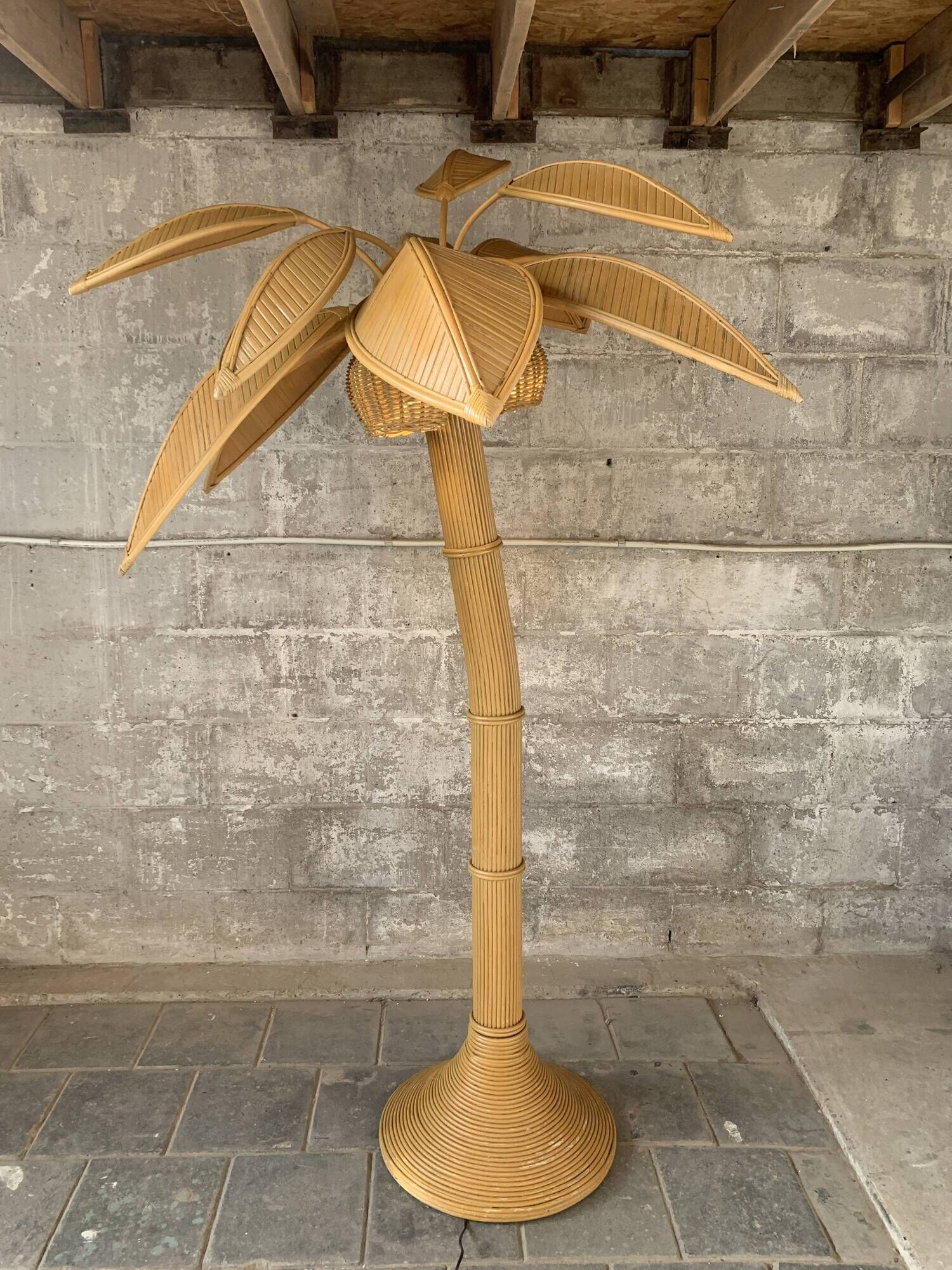 Pencil Reed rattan bamboo coconut palm tree floor lamp, Mario Lopez Torres, 1970s