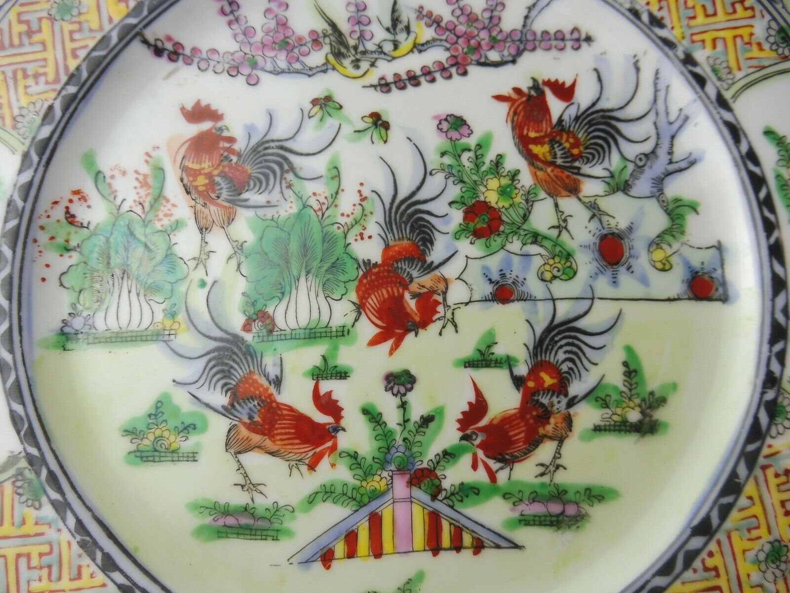 Lot of old Chinese porcelain plates, 5 roosters decoration, stamp, 19th