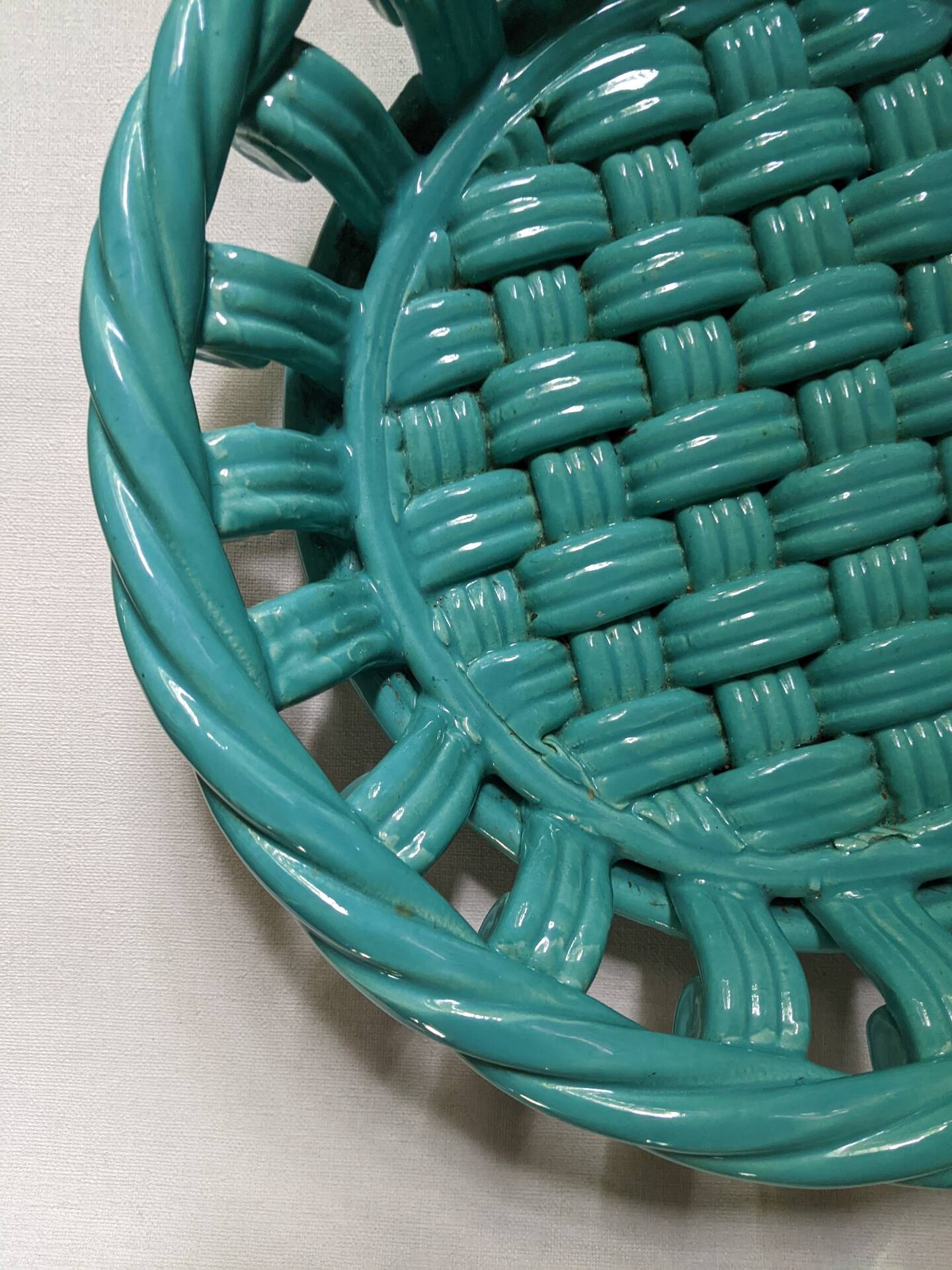 Woven ceramic fruit bowl from the 1950s