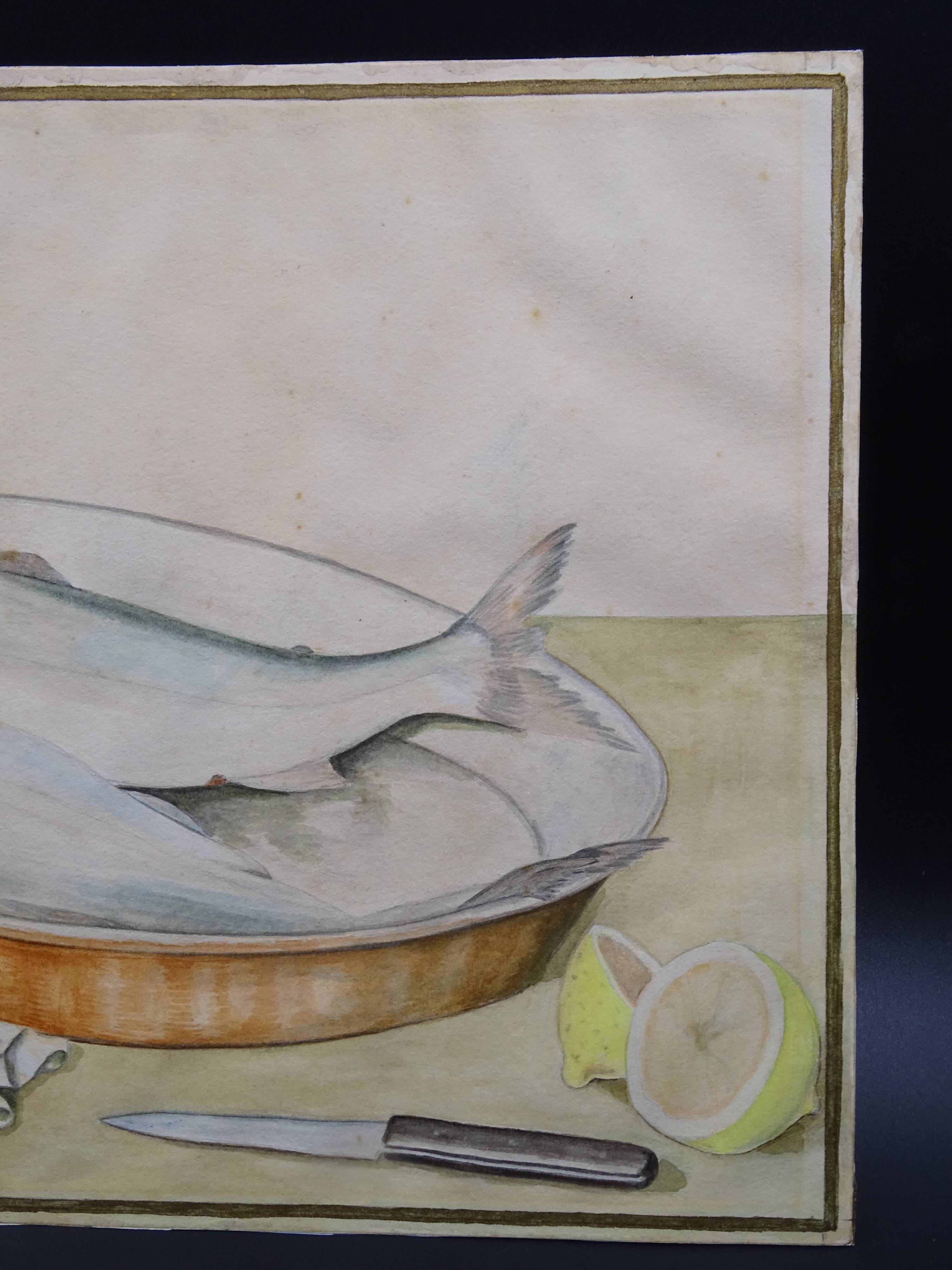 Still life with Pisces, lemon and knife by Louis Chavannes - Watercolor dated 1945