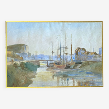 Aquarelle Pierre Bontemps (1886-1940) - Port maritime 1907