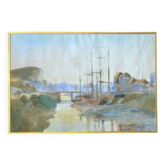 Watercolor Painting Pierre BONTEMPS (1886-1940) Seaport 1907 Brittany?