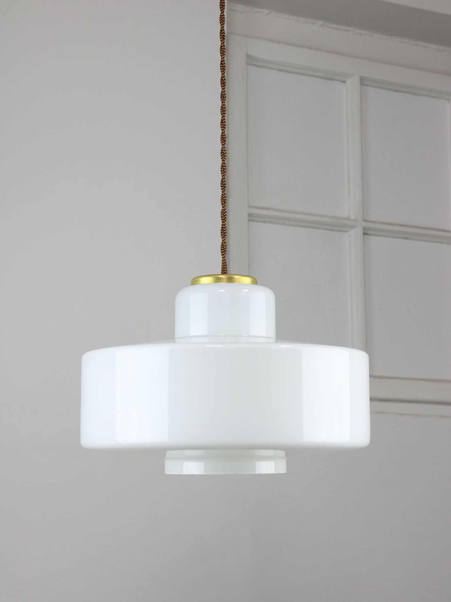 Mid-century Italian White Glass and Brass Pendant Lamp