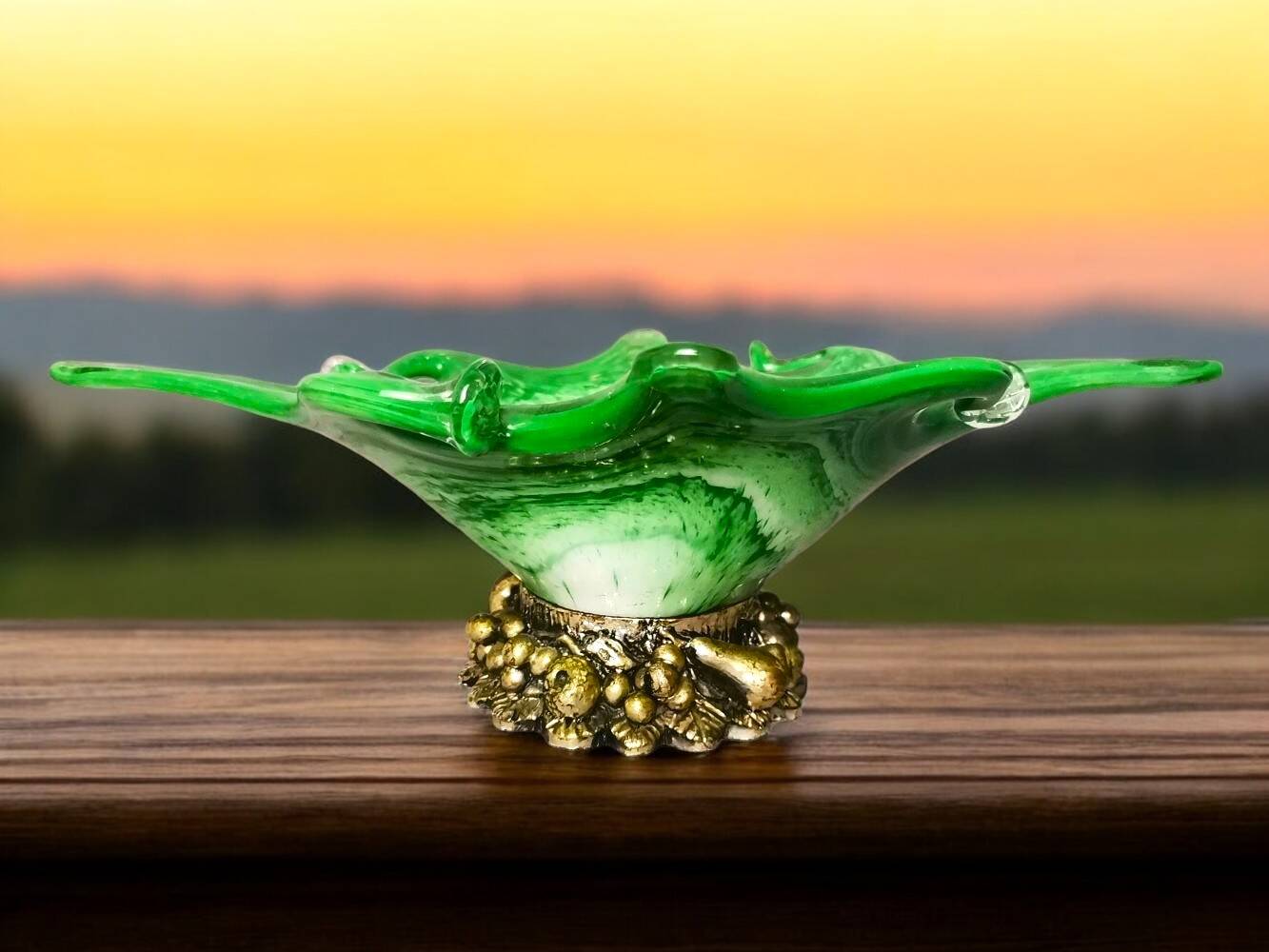 Italian Green Murano Glass and Sterling 925 Silver Vase