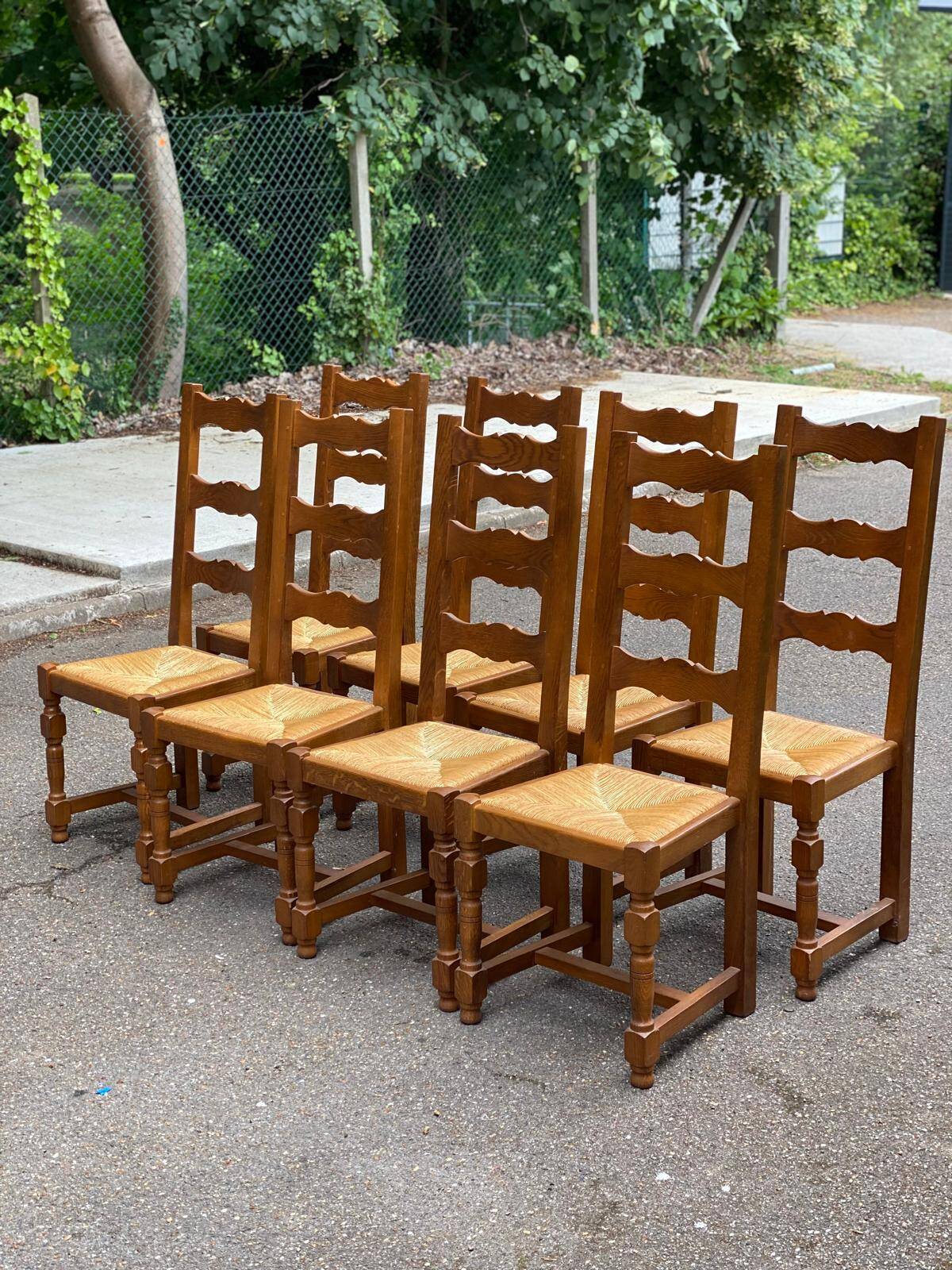 8 chaises en bois massif chêne clair et paille type ferme dossier haut