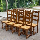8 chaises en bois massif chêne clair et paille type ferme dossier haut