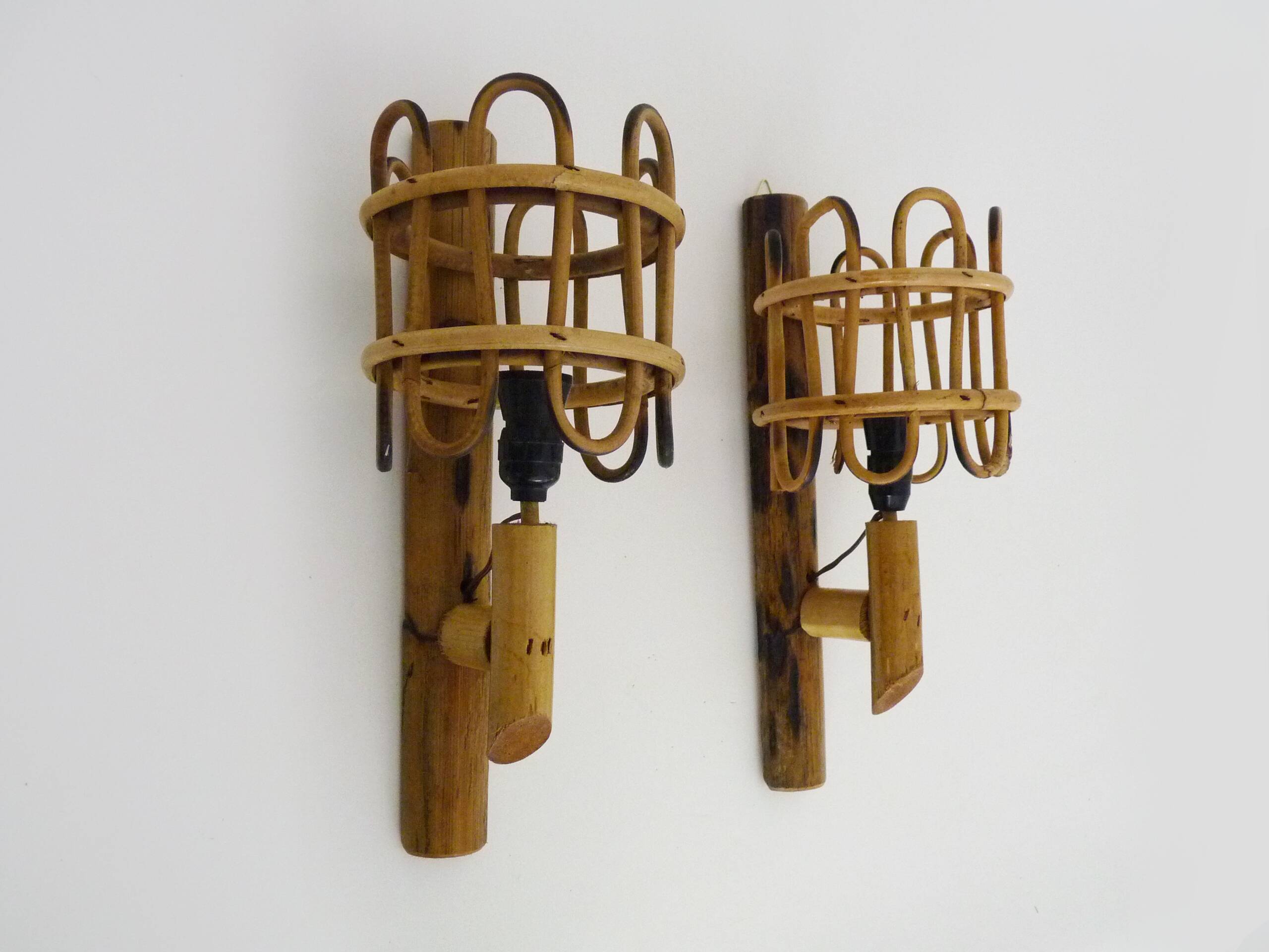 Pair of rattan bamboo lantern wall lights. 1950s-1960s