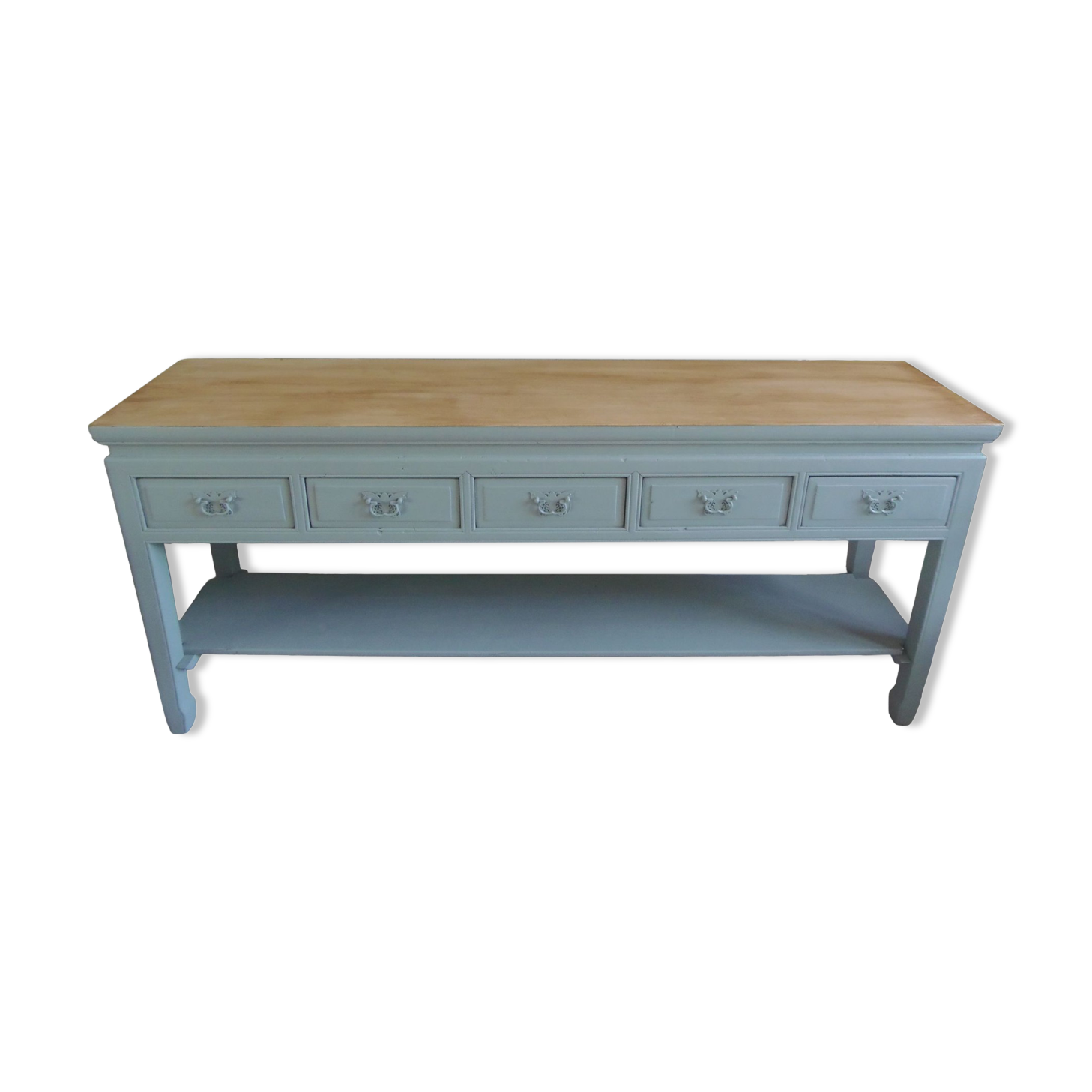 Console 5 drawers 1 re-enchanted tablet in gray green wooden top