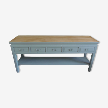 Console 5 drawers 1 re-enchanted tablet in gray green wooden top