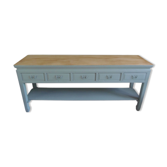 Console 5 drawers 1 re-enchanted tablet in gray green wooden top