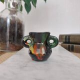 Vase miniature en céramique verte, jaune et orange, Lozère