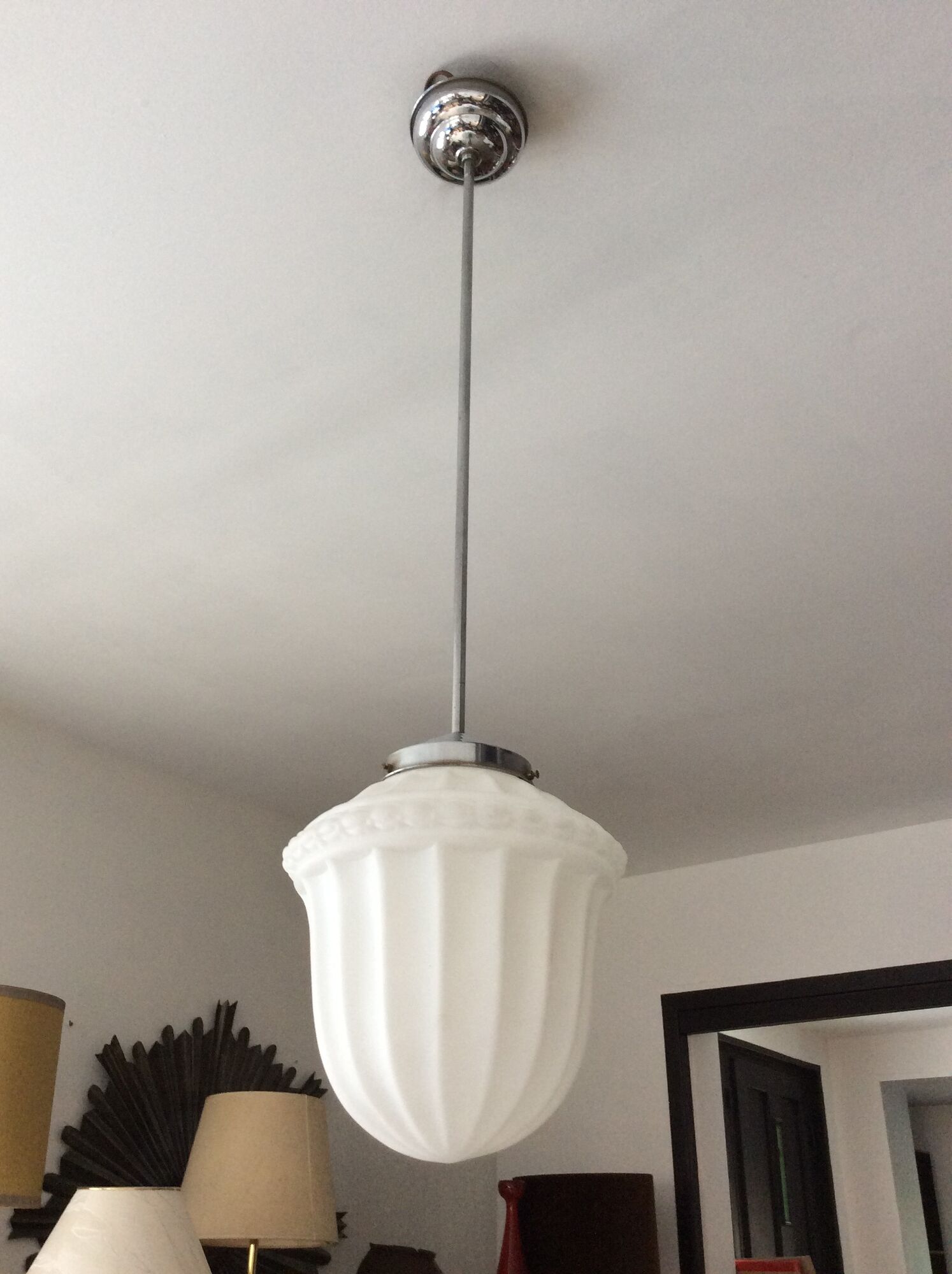 Art deco pendant lamp from the 50s in opaline and chrome metal