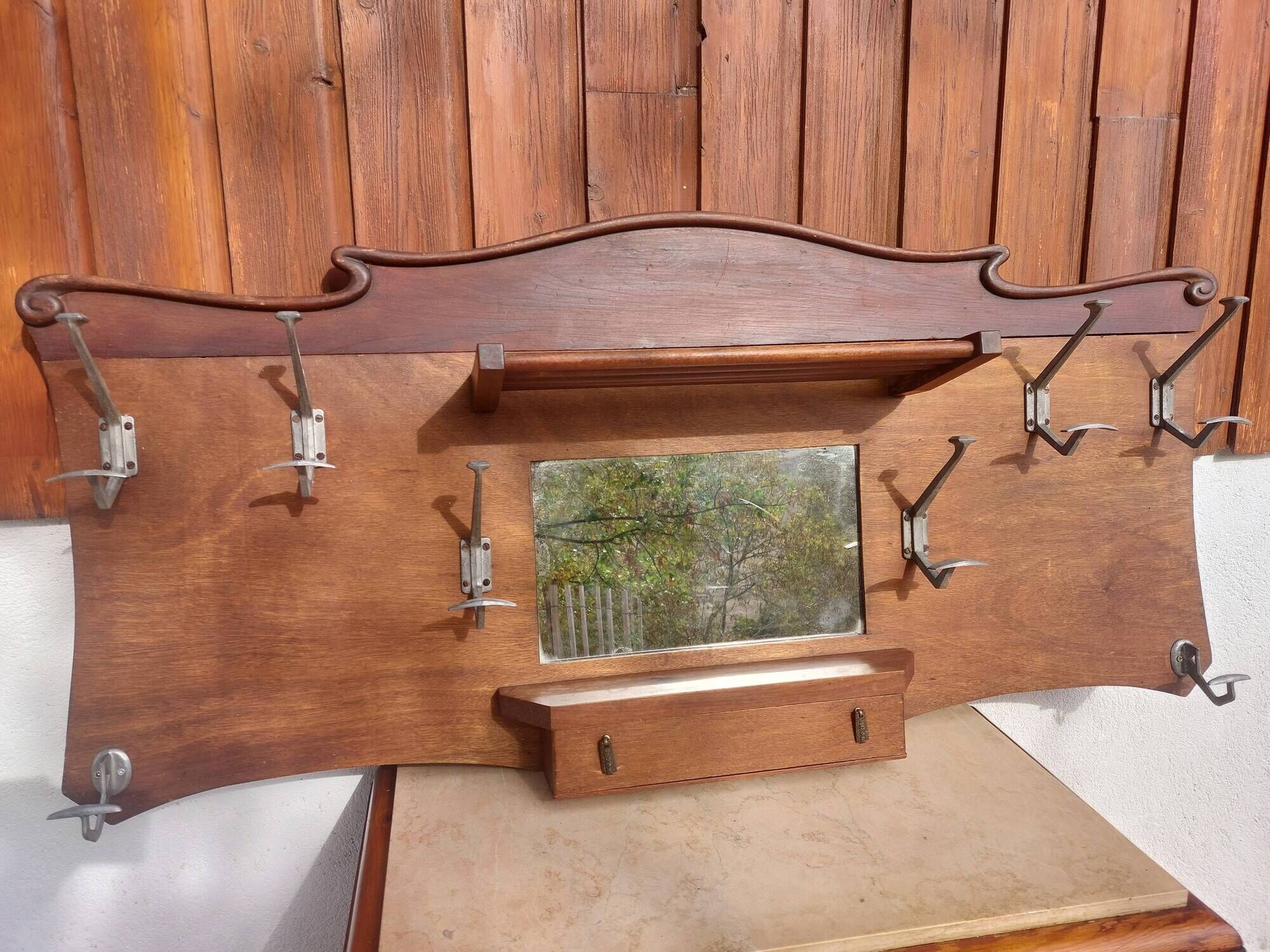 coat rack, hooks, wood and metal, vintage