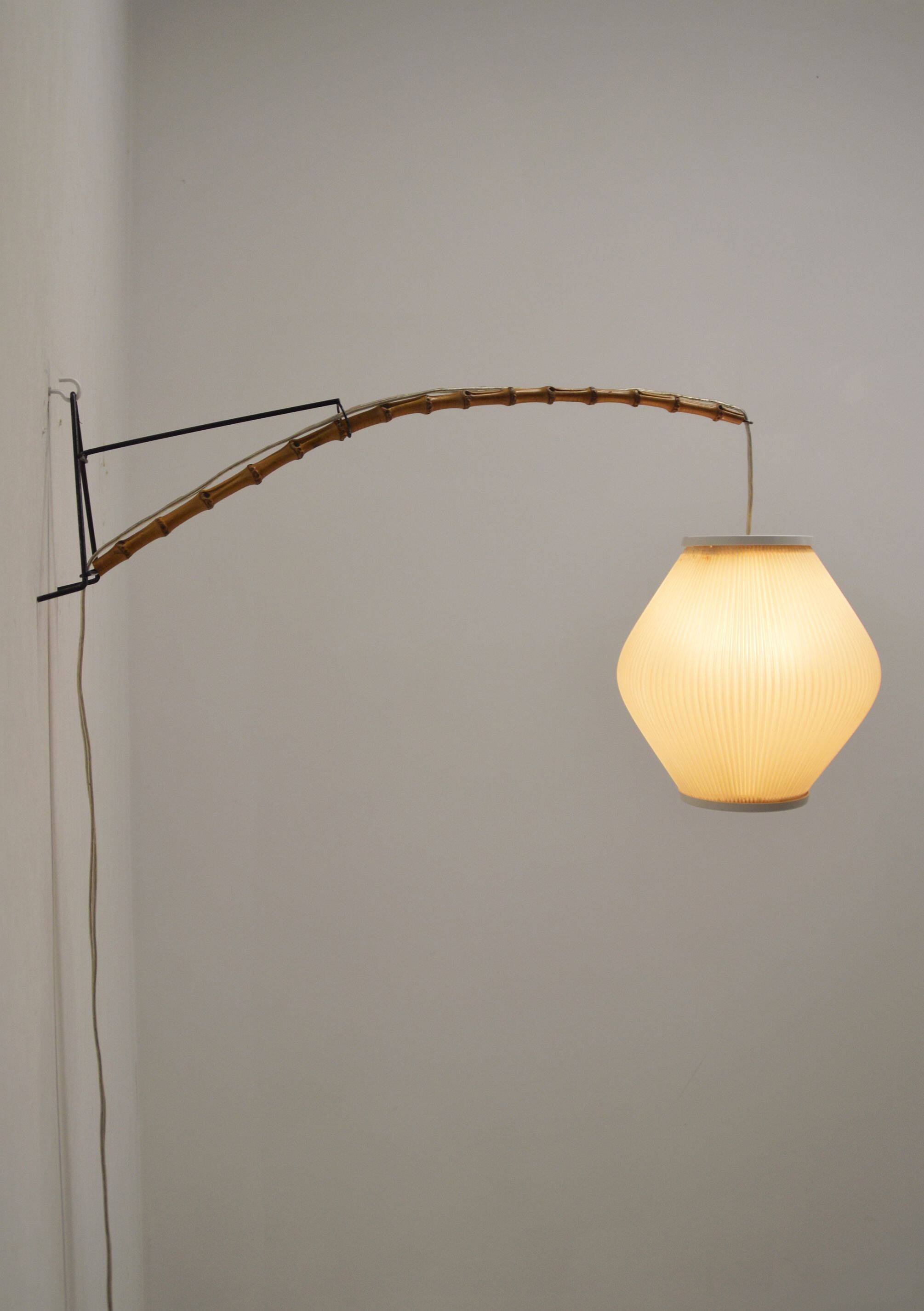 Danish wall lamp with wooden arch and pearl shade lampshade, 1960s