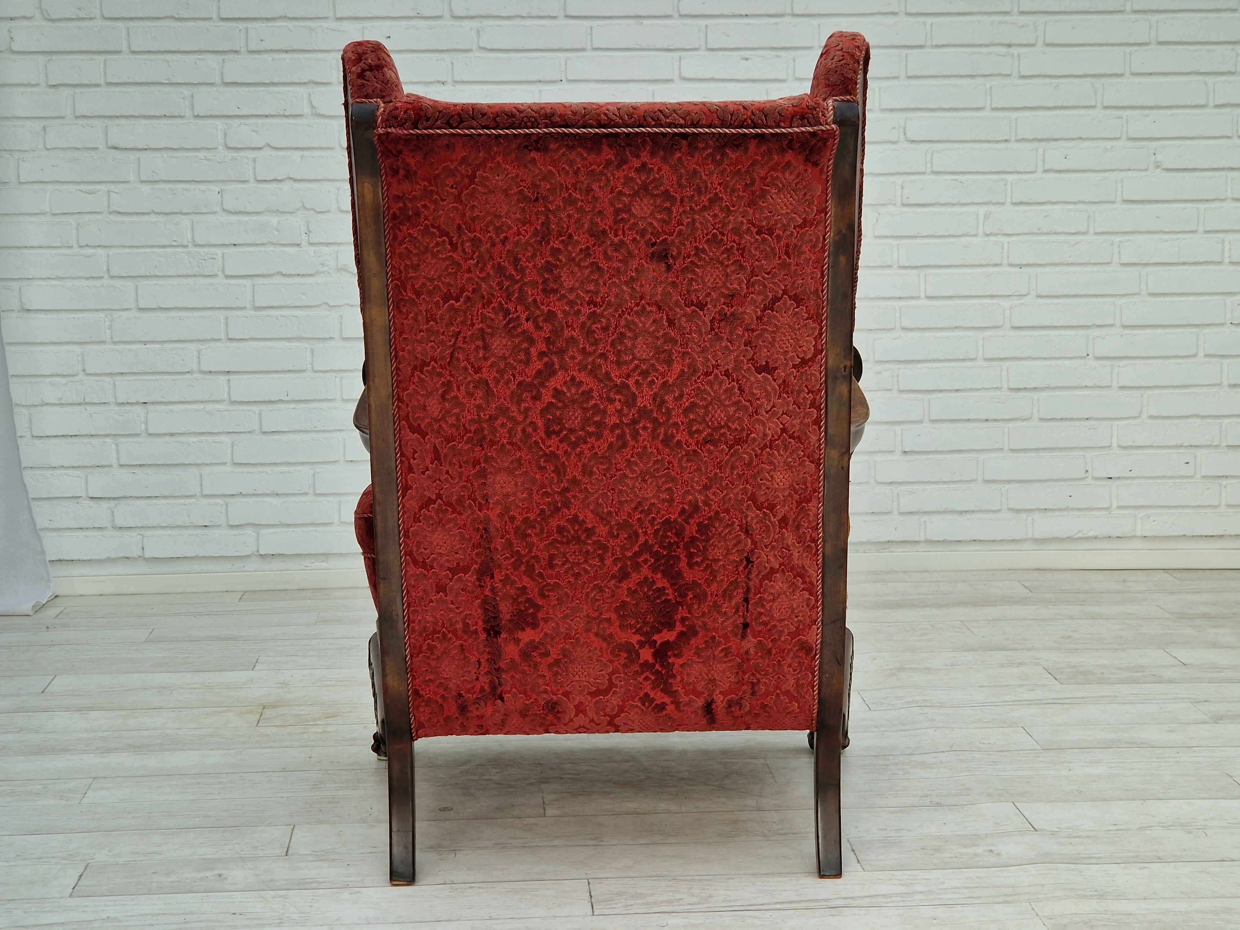 Fauteuil danois en bois de frêne et velour années 1930