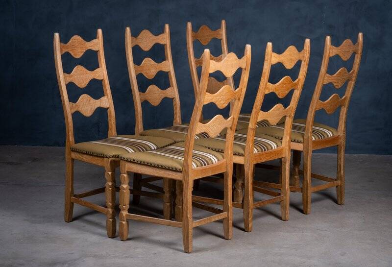 Brutalist Oak Dining Chairs by Henning Kjærnulf, 1960s, Set of 6