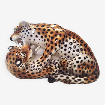 Paire de Jaguars de Combat Vintage en Céramique Peinte à la Main par Giovanni Ronzan, Italie