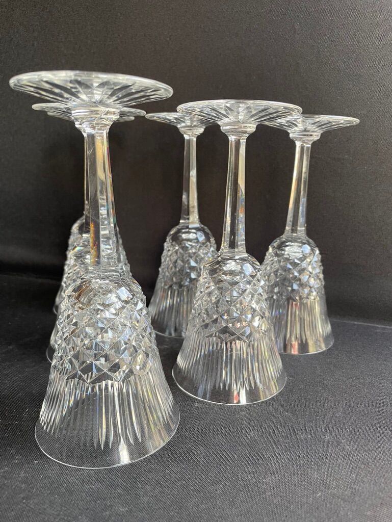 6 old carved crystal wine glasses