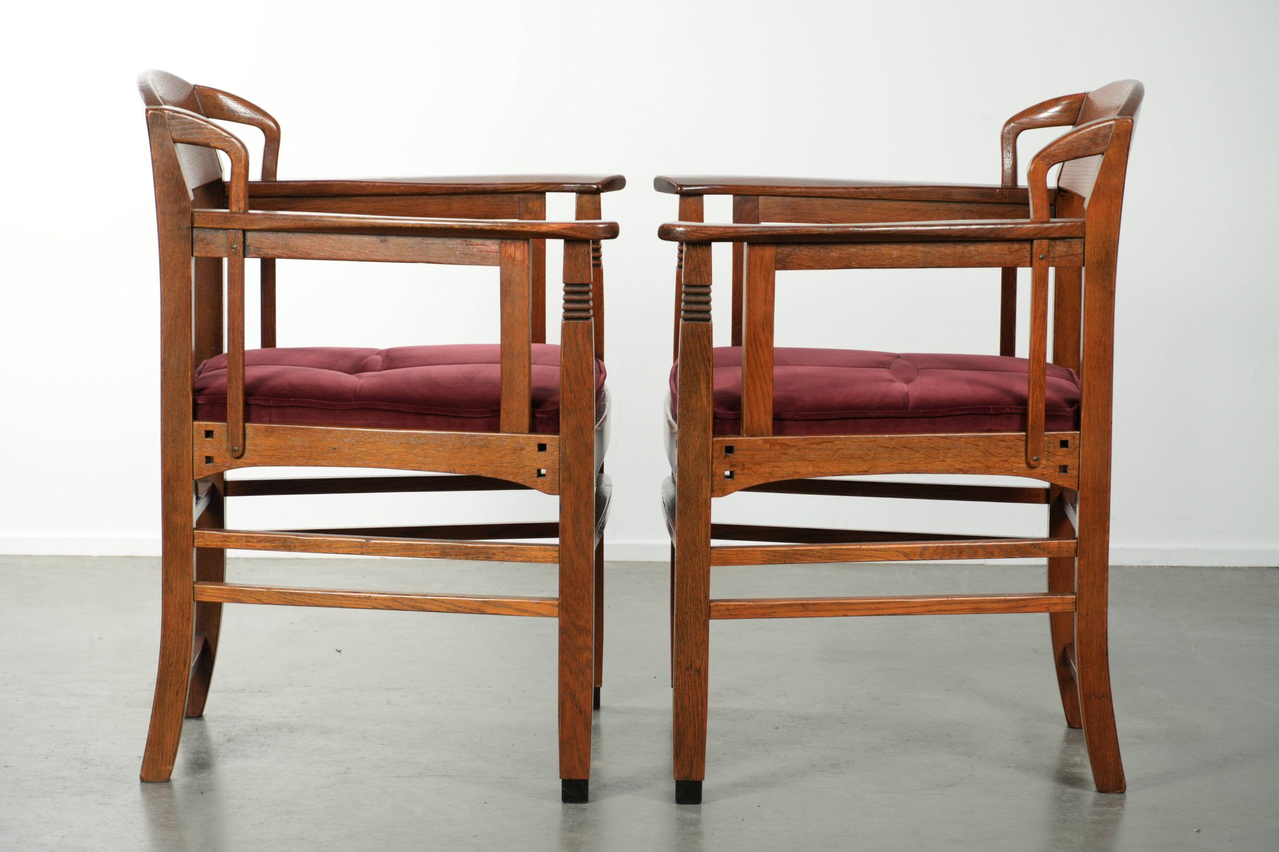 Set of two Art Nouveau design dining chairs with  red fabric upholstery