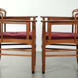 Set of two Art Nouveau design dining chairs with  red fabric upholstery