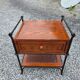 Vintage bedside table in solid oak and wrought iron.