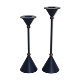 Pair of blue Scandinavian and brass candlesticks, 1970