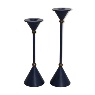 Pair of blue Scandinavian and brass candlesticks, 1970