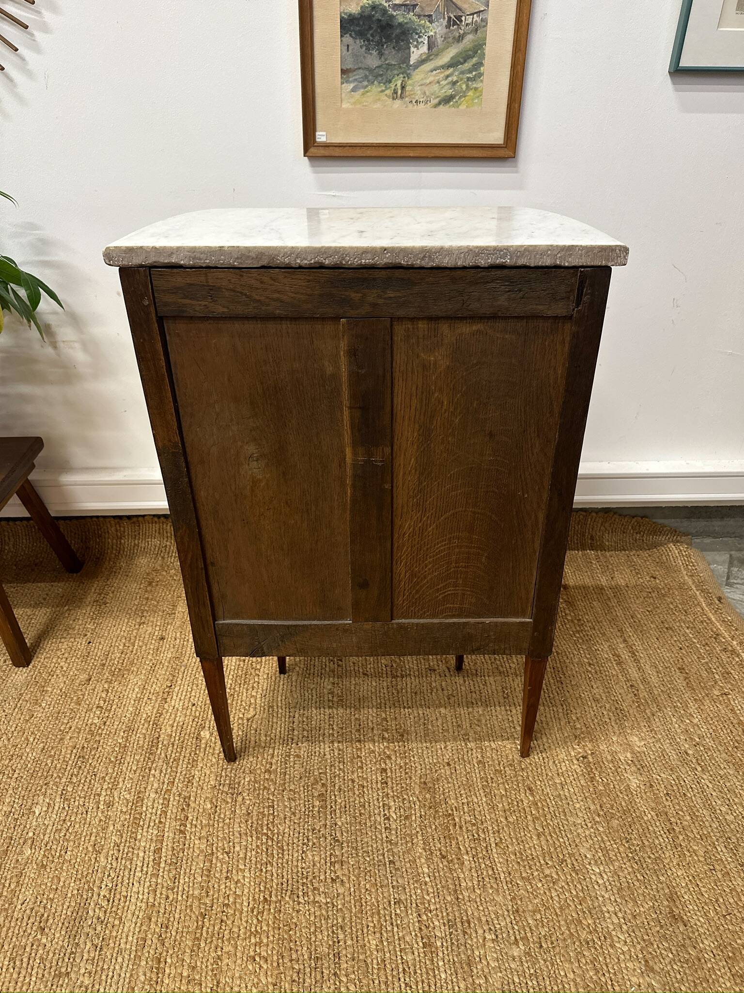 Small half-moon chest of drawers in Louis XVI style – marquetry and marble top