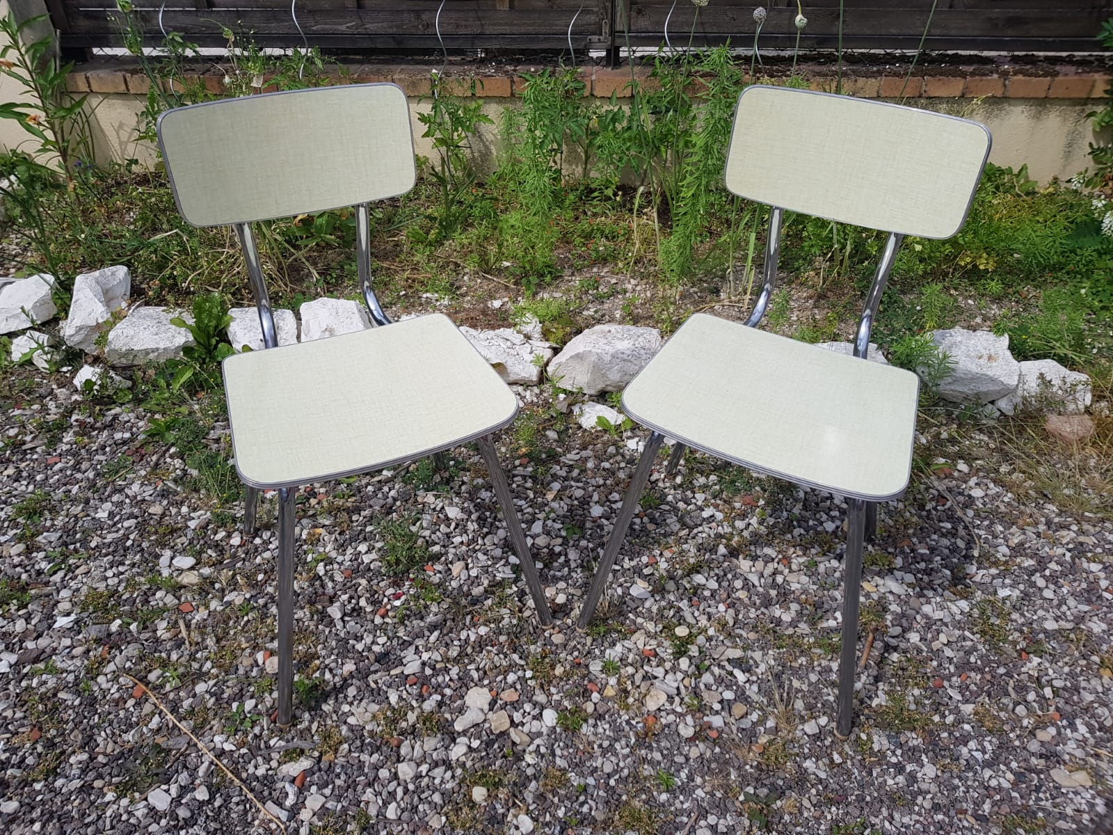 Pair plastilux chrome metal chair & formica + plate 50s vintage