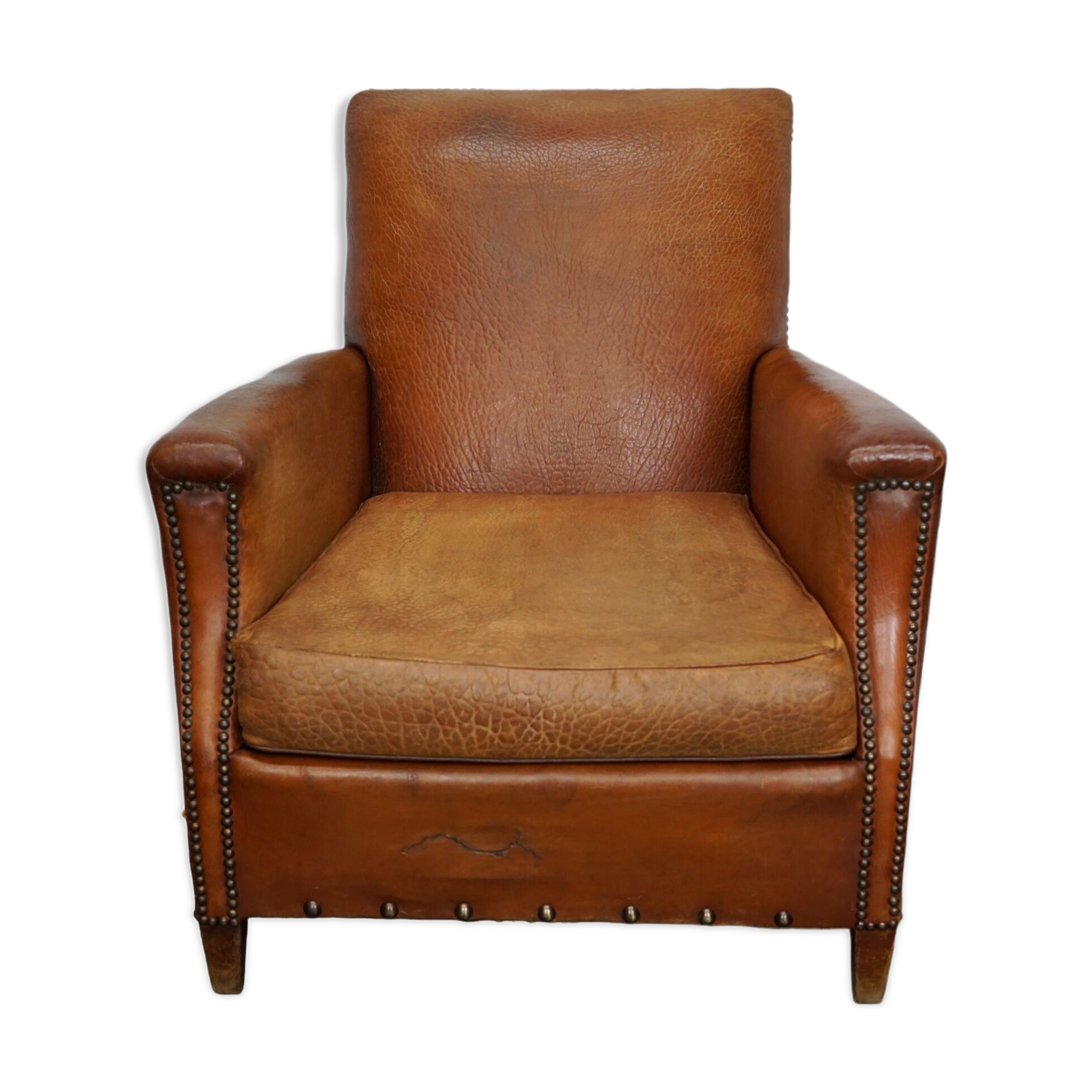 Vintage french cognac-colored leather club chair, 1940s