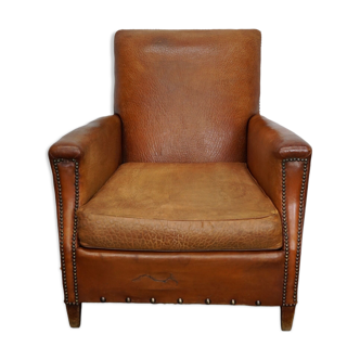 Vintage french cognac-colored leather club chair, 1940s