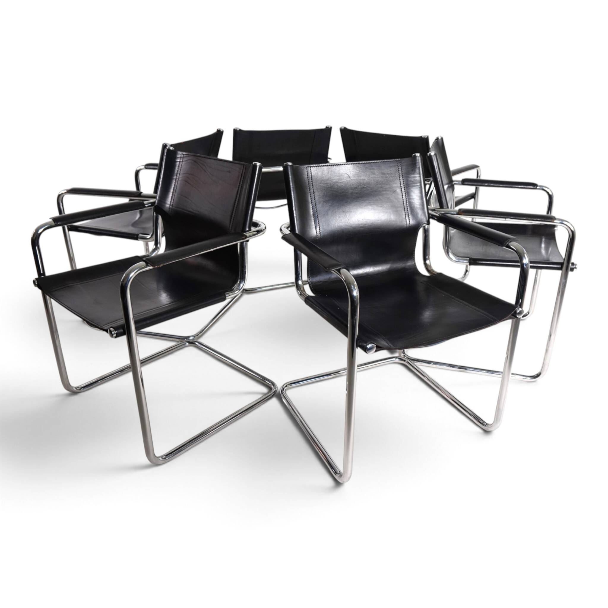 Matteo Grassi Set of 6 Visitor Chairs, Leather/Chrome Dining Chairs, 1970