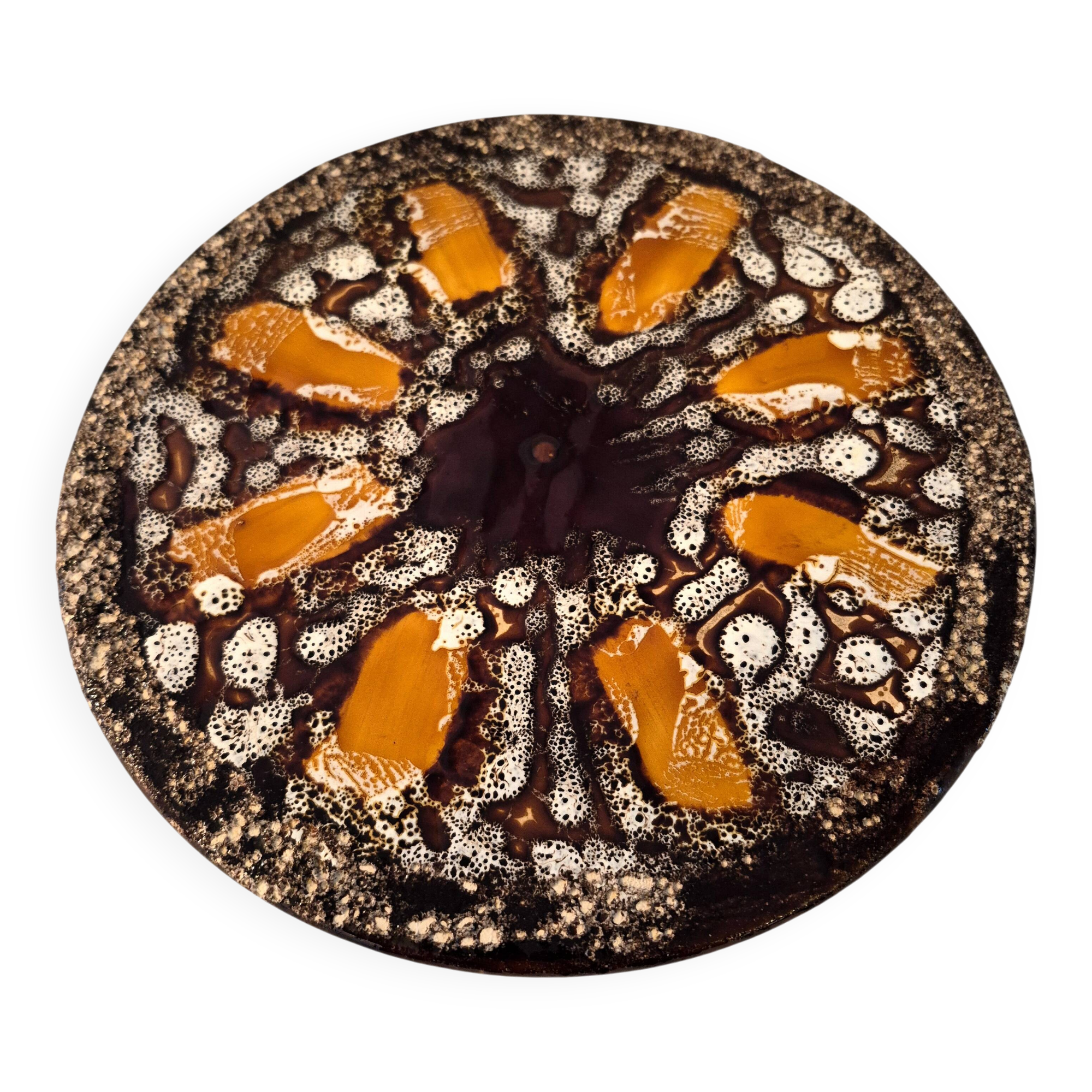 Round plate Vallauris glazed ceramic in brown and orange and Fat Lava A036