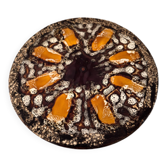 Round plate Vallauris glazed ceramic in brown and orange and Fat Lava A036