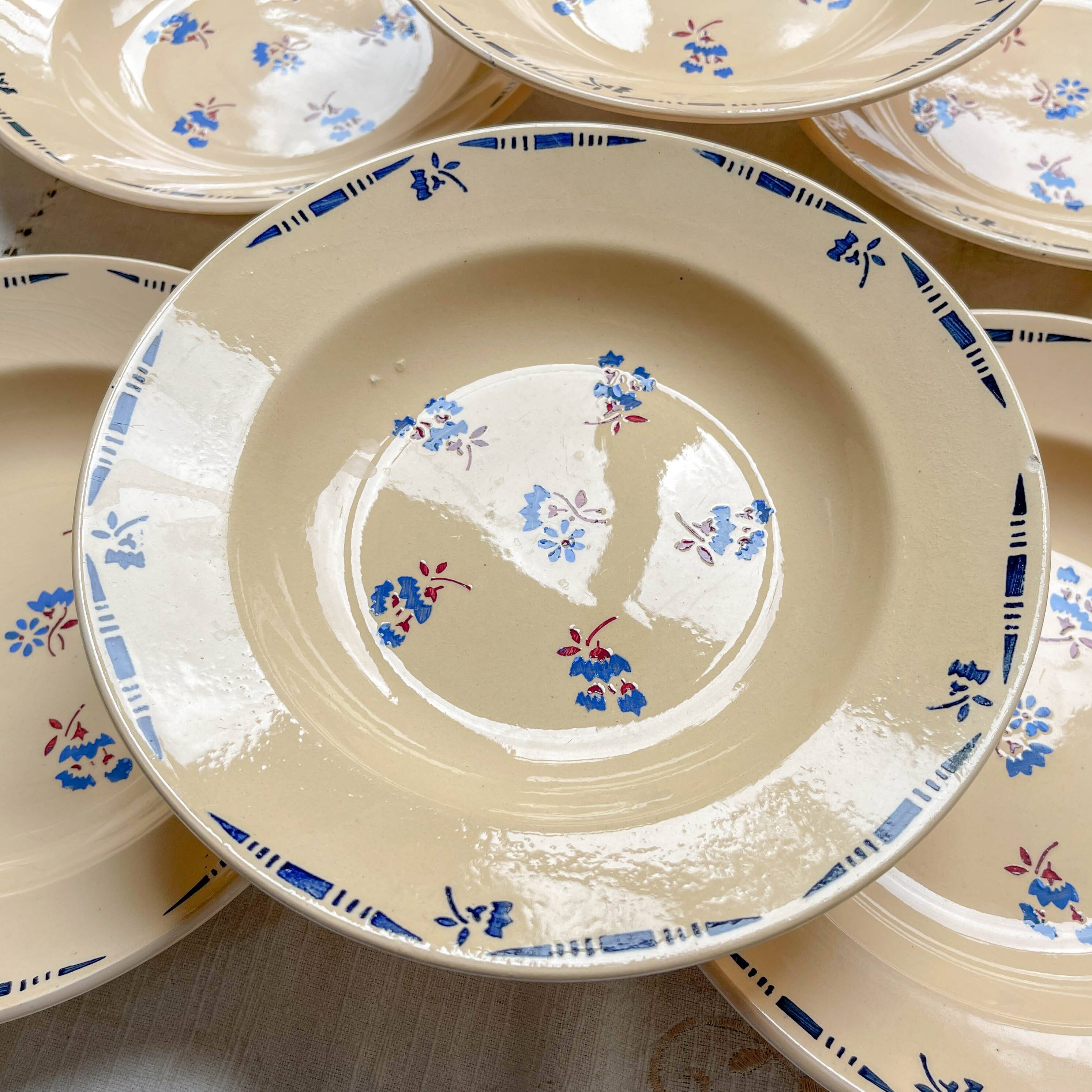 6 vintage K&G Luneville "Flore" porcelain soup plates, 1950s, small blue flowers