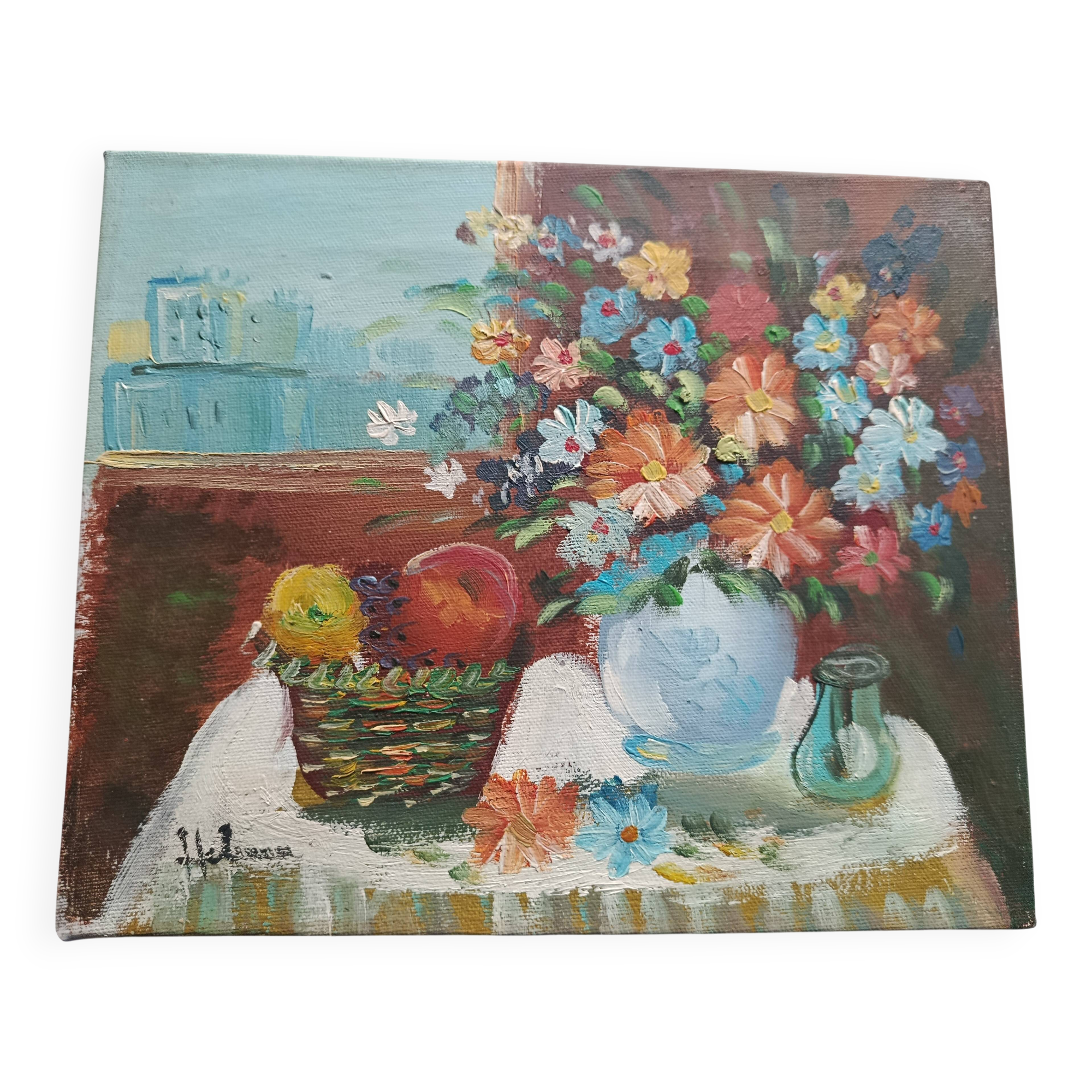Hst still life signed helman xx: bouquet of flowers, vase, fruit, basket, window