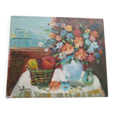 Hst still life signed helman xx: bouquet of flowers, vase, fruit, basket, window