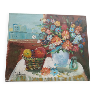 Hst still life signed helman xx: bouquet of flowers, vase, fruit, basket, window