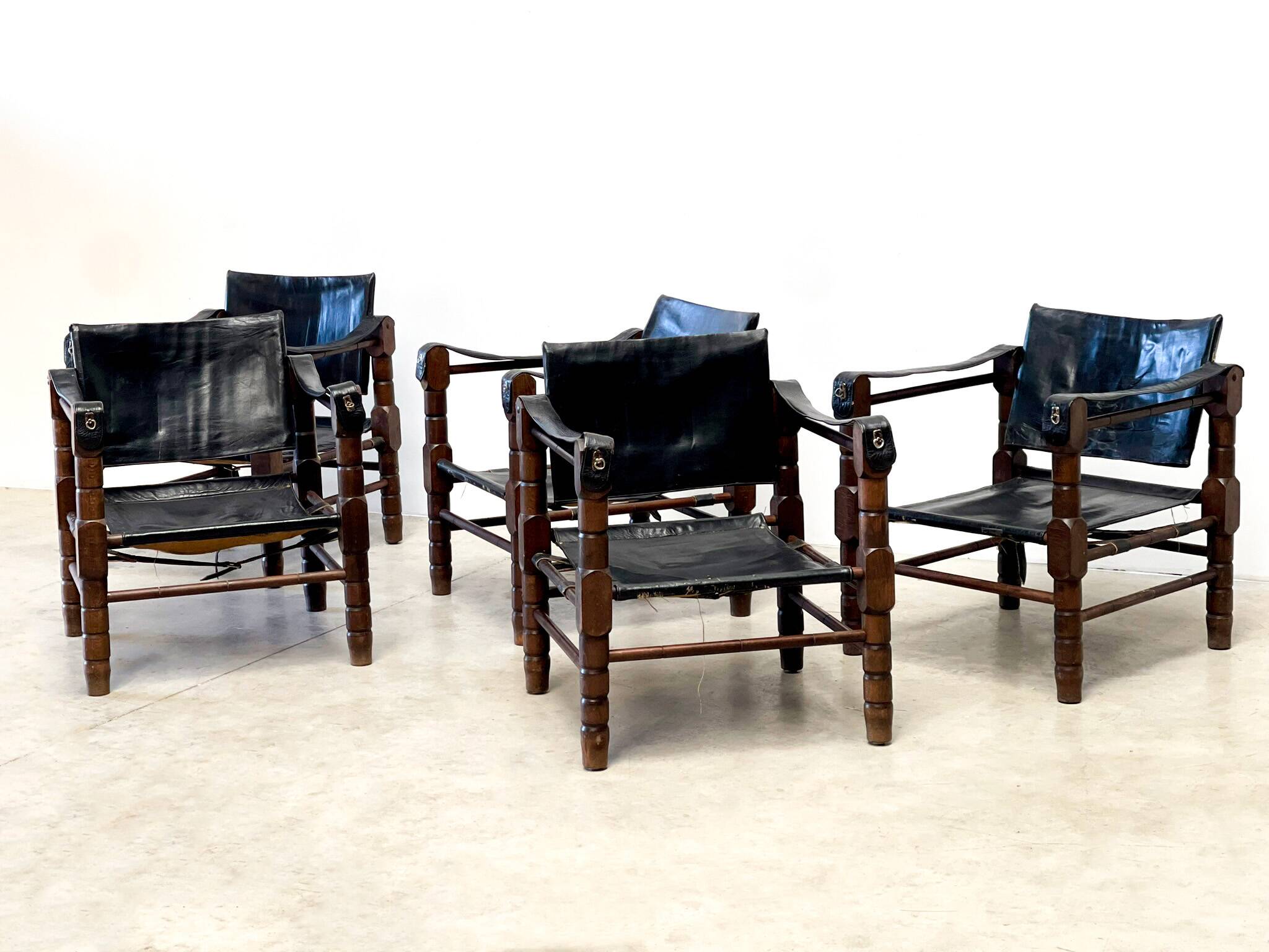 Mid century leather safari armchairs, 1960s